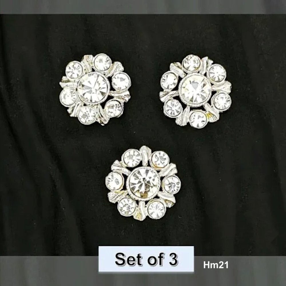 Set of 3 Clear Rhinestone Flower Metal Buttons Platinum-tone Metal Shank 23mm